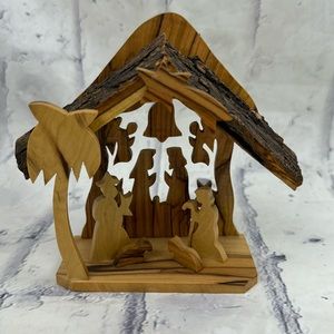 Wood Silhouette Nativity Holy Family Creche Raw Bark Roof